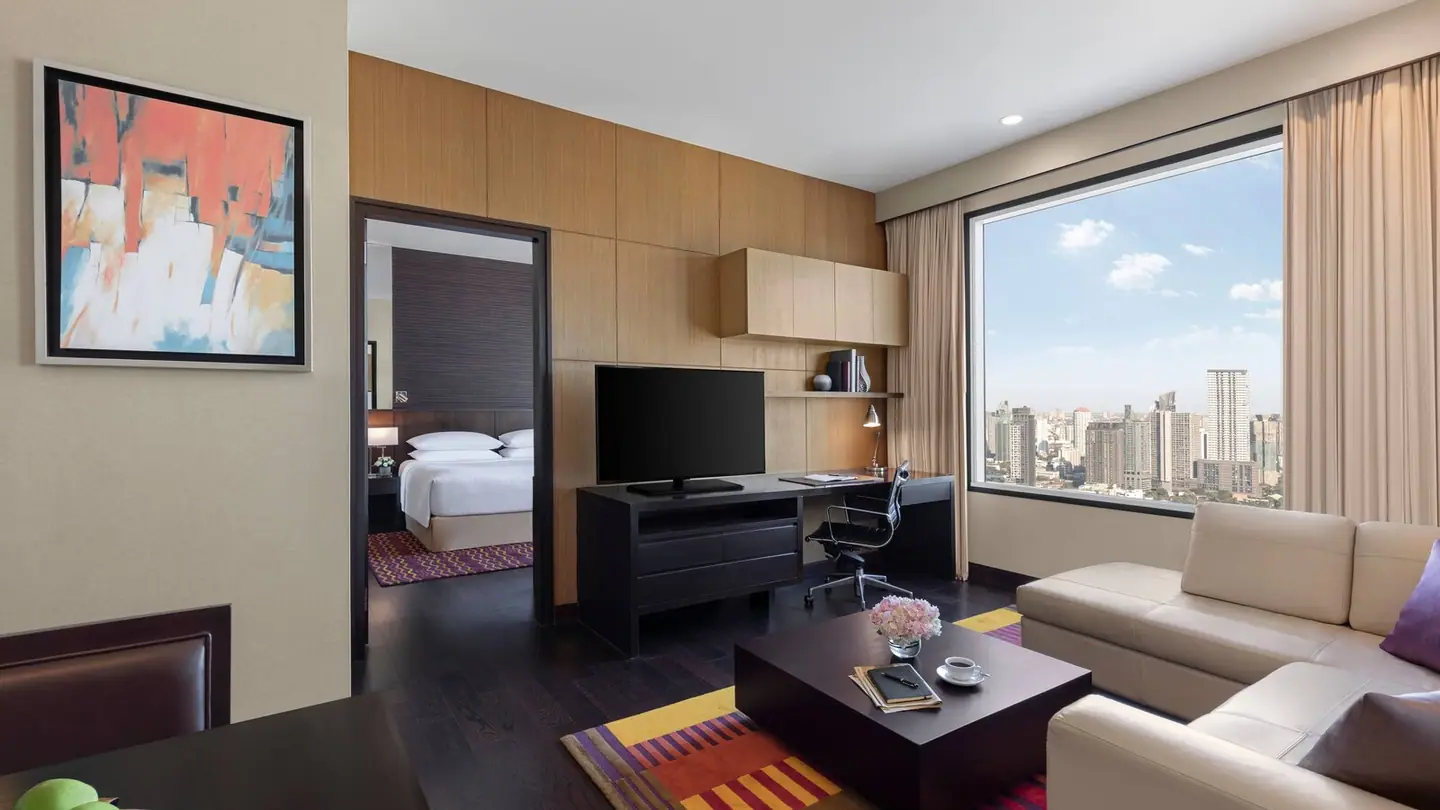Living room in a one-bedroom suite at Marriott Executive Apartments Sukhumvit Park